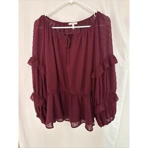 Maurices Blouse Womens XL Burgundy Lined Sheer Pullover Long Ruffle Sleeves NWT